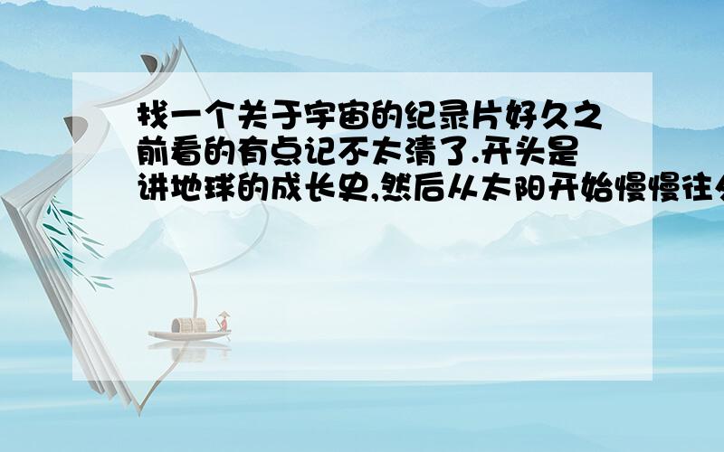 找一个关于宇宙的纪录片好久之前看的有点记不太清了.开头是讲地球的成长史,然后从太阳开始慢慢往外,放完太阳系就是银河系,最后似乎是观察一颗恒星的形成.