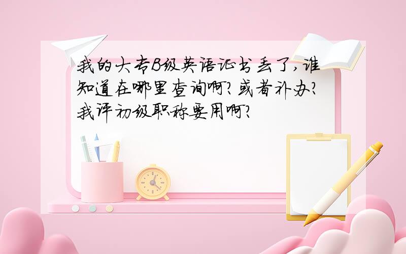 我的大专B级英语证书丢了,谁知道在哪里查询啊?或者补办?我评初级职称要用啊？