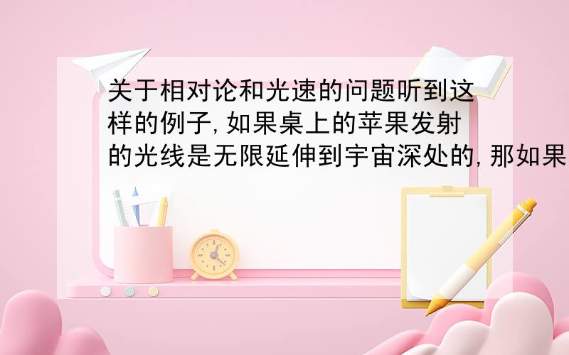 关于相对论和光速的问题听到这样的例子,如果桌上的苹果发射的光线是无限延伸到宇宙深处的,那如果你的速度也是光速,那么就可以说你跟苹果的光线是平行运动到宇宙深处的,那么苹果相对