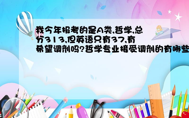 我今年报考的是A类,哲学,总分313,但英语只有37,有希望调剂吗?哲学专业接受调剂的有哪些学校啊？