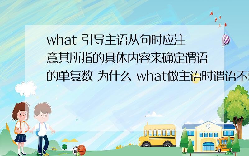 what 引导主语从句时应注意其所指的具体内容来确定谓语的单复数 为什么 what做主语时谓语不就用单数吗具体解释   谢谢   What we need is more time ,while what they need are more doctors and medicines