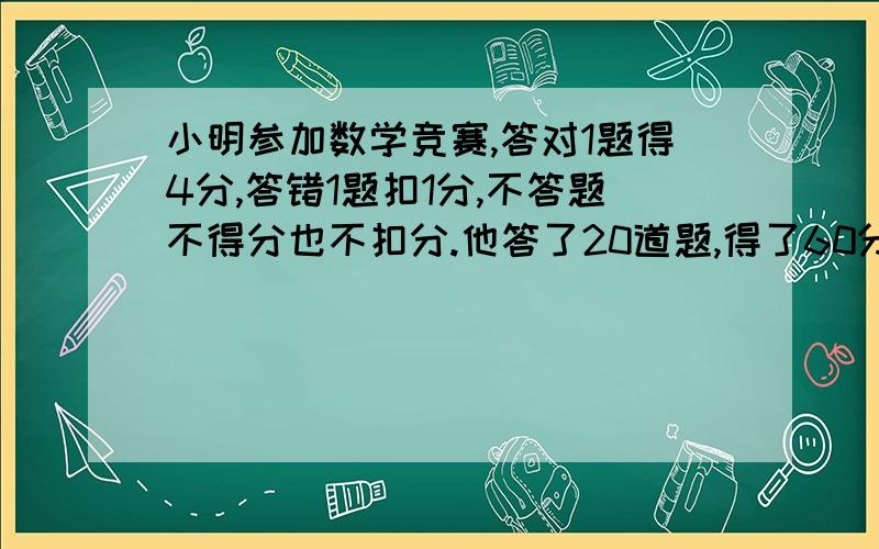 小明参加数学竞赛,答对1题得4分,答错1题扣1分,不答题不得分也不扣分.他答了20道题,得了60分.答对几用方程解,要全问的是“他答对了几题？”