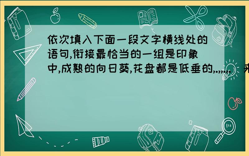 依次填入下面一段文字横线处的语句,衔接最恰当的一组是印象中,成熟的向日葵,花盘都是低垂的,.,,.,.[来源:学科网]①一阵晨风拂过②可我家的这几株向日葵初出茅庐③所以有诗人赞叹,愈是