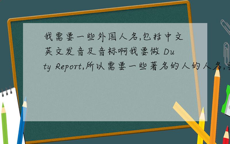 我需要一些外国人名,包括中文英文发音及音标啊我要做 Duty Report,所以需要一些著名的人的人名,要外国的,包括文学作者啊,科学家啊,哲学家都行的,越多越好啊~