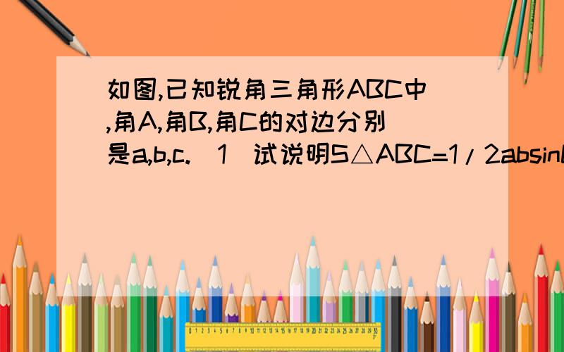 如图,已知锐角三角形ABC中,角A,角B,角C的对边分别是a,b,c.(1)试说明S△ABC=1/2absinC (2)若a=30cm,b=36cm,∠C=30°,求△ABC的面积