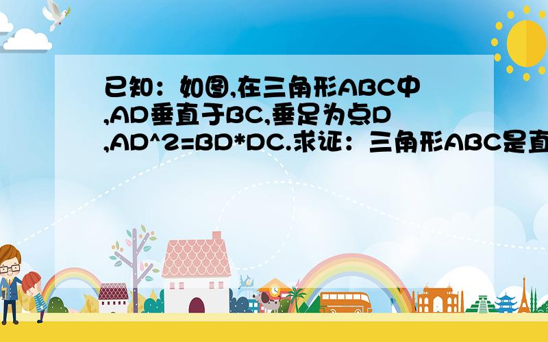 已知：如图,在三角形ABC中,AD垂直于BC,垂足为点D,AD^2=BD*DC.求证：三角形ABC是直角三角形.今晚之前给我，最好8：15之前交给我