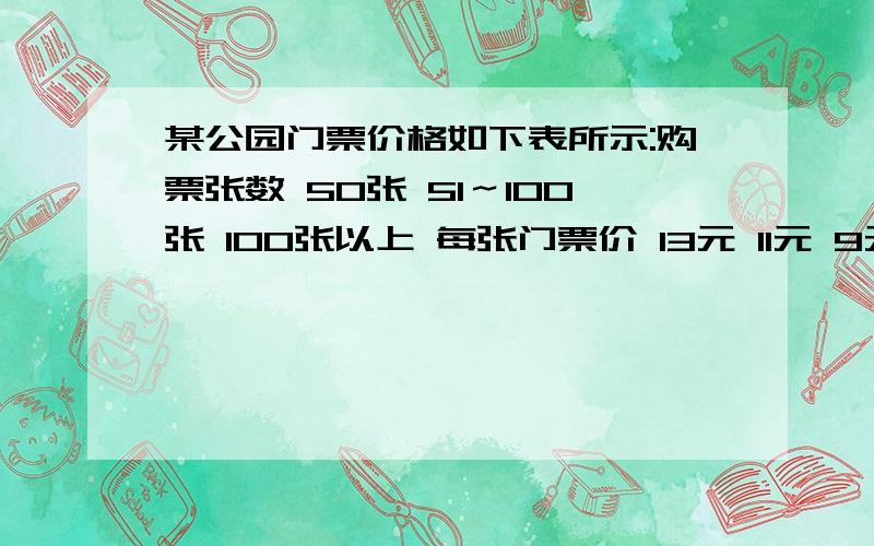 某公园门票价格如下表所示:购票张数 50张 51～100张 100张以上 每张门票价 13元 11元 9元某年级①,②两个班共104人去公园,其中①班人数较少,不到50人,经计算若两班都以班为单位分别购票,则一