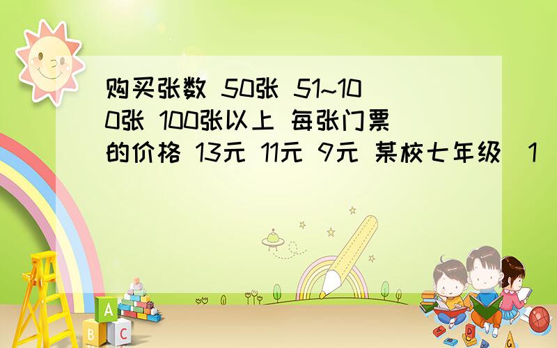 购买张数 50张 51~100张 100张以上 每张门票的价格 13元 11元 9元 某校七年级(1)(2)两个班共有104名学