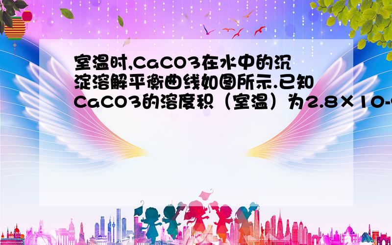 室温时,CaCO3在水中的沉淀溶解平衡曲线如图所示.已知CaCO3的溶度积（室温）为2.8×10-9,下列说法中不正确的是 [     ]A．x的数值为2×10-5 B．c点时有CaCO3生成 C．加入蒸馏水可使溶液由d点变成a点D