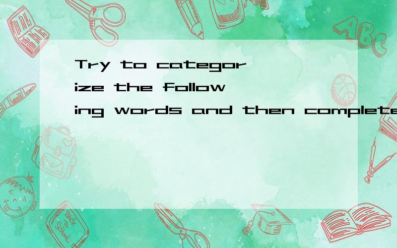 Try to categorize the following words and then complete the blank.