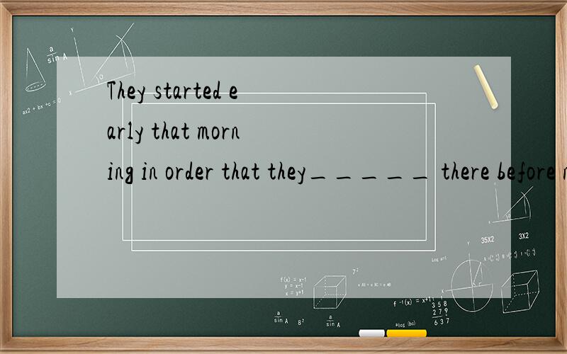 They started early that morning in order that they_____ there before noon.A.would get B.got C.must get D.might get