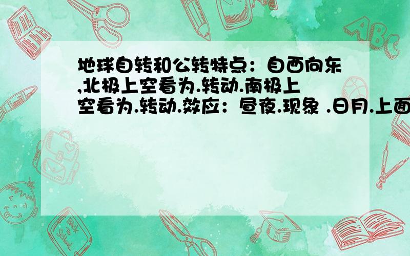 地球自转和公转特点：自西向东,北极上空看为.转动.南极上空看为.转动.效应：昼夜.现象 .日月.上面是自转公转：特点：自西向东，低走倾斜指向......效应：...........； ..........现象。