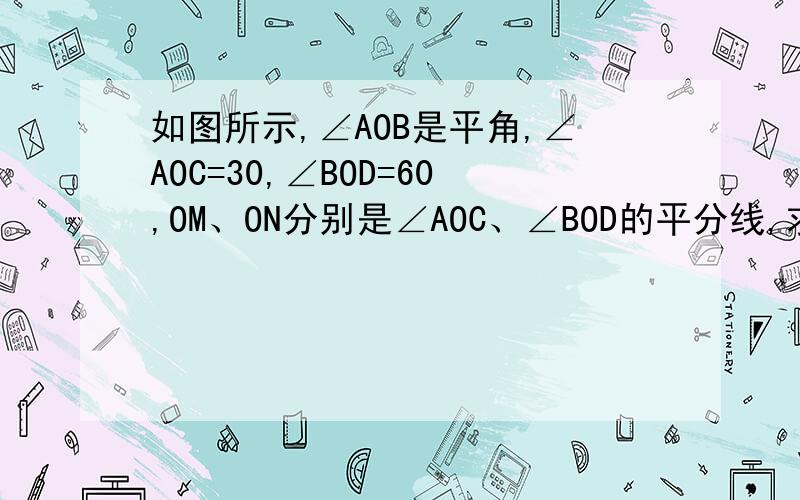 如图所示,∠AOB是平角,∠AOC=30,∠BOD=60,OM、ON分别是∠AOC、∠BOD的平分线,求∠mon的度数如果只已知“∠COD=90°,能求出∠mon的度数吗?