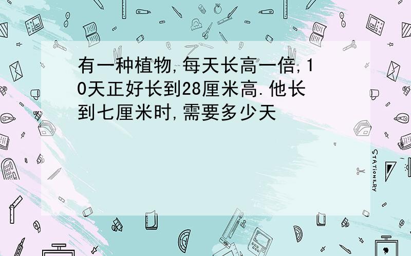 有一种植物,每天长高一倍,10天正好长到28厘米高.他长到七厘米时,需要多少天