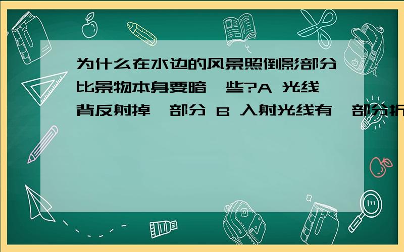 为什么在水边的风景照倒影部分比景物本身要暗一些?A 光线背反射掉一部分 B 入射光线有一部分折入水中