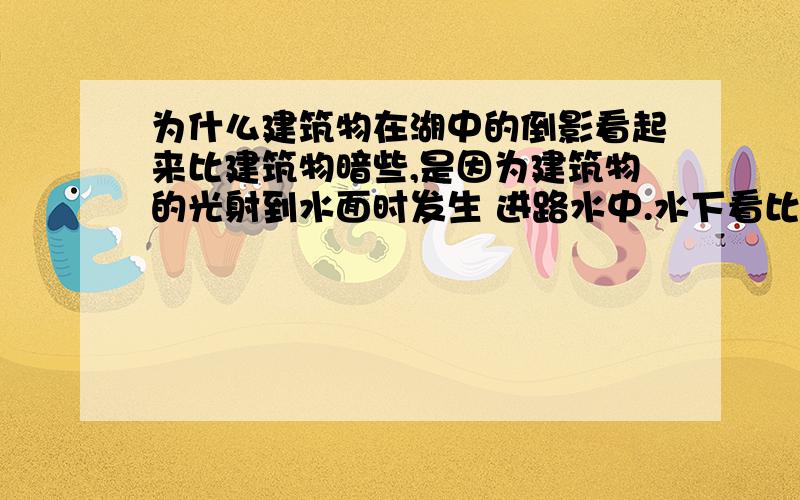 为什么建筑物在湖中的倒影看起来比建筑物暗些,是因为建筑物的光射到水面时发生 进路水中.水下看比真实偏