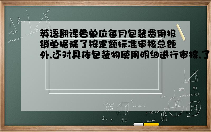 英语翻译各单位每月包装费用报销单据除了按定额标准审核总额外,还对具体包装物使用明细进行审核,了解各种产品包装费用使用情况,对包装不合理导致费用浪费的品种及时进行包装形式调