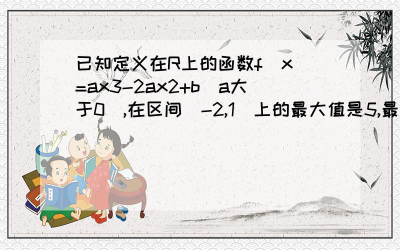 已知定义在R上的函数f(x)=ax3-2ax2+b(a大于0),在区间[-2,1]上的最大值是5,最小值是-11(1)求f(x)的表达式(2)若t属于[-1,1]时,f(x)的导函数+tx小于或等于0恒成立,求实数x的范围