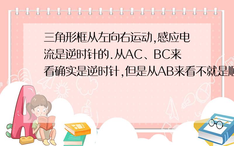 三角形框从左向右运动,感应电流是逆时针的.从AC、BC来看确实是逆时针,但是从AB来看不就是顺时针了吗?