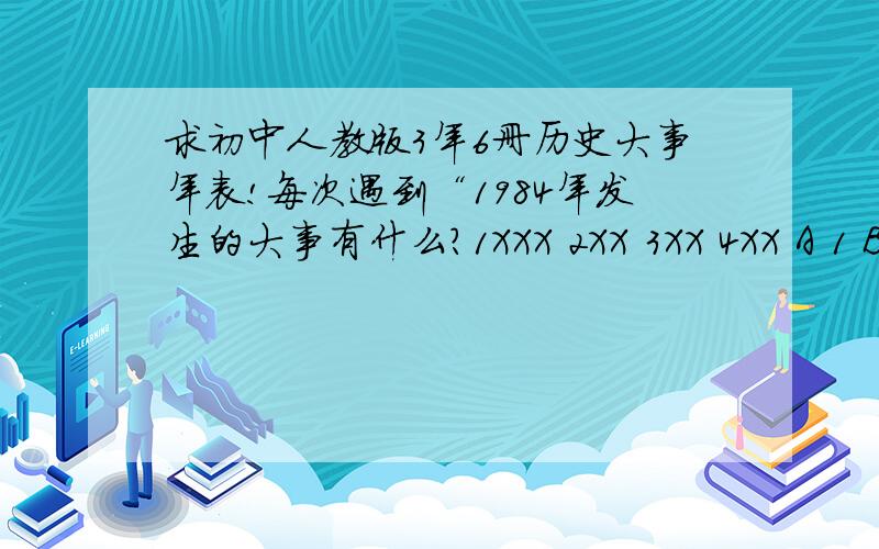 求初中人教版3年6册历史大事年表!每次遇到“1984年发生的大事有什么?1XXX 2XX 3XX 4XX A 1 B23 C 1234 D24”这种题目就很头疼啊.翻书翻到手软!现求初中中国古代史（7年纪）近代史（8）和世界史（9