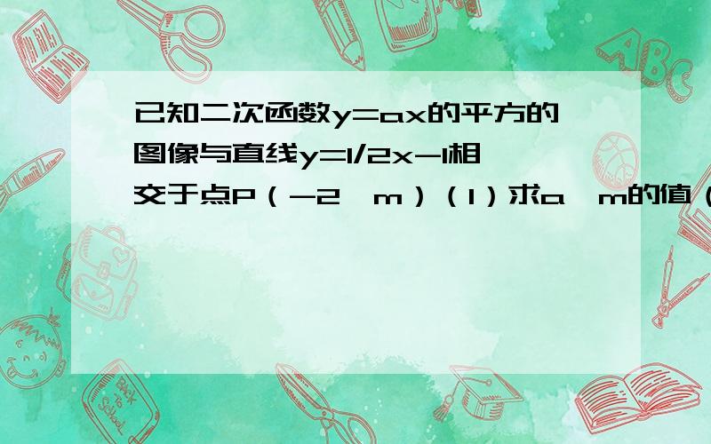 已知二次函数y=ax的平方的图像与直线y=1/2x-1相交于点P（-2,m）（1）求a、m的值（2）指出抛物线y=ax的平方开口方向和顶点坐标（3）当x取什么值时,二次函数的值随着自变量的增大而减小