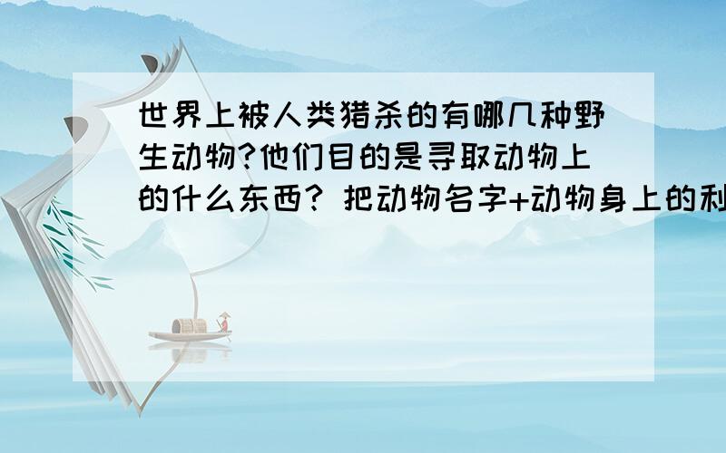 世界上被人类猎杀的有哪几种野生动物?他们目的是寻取动物上的什么东西? 把动物名字+动物身上的利益,发给我就是了,设计用.