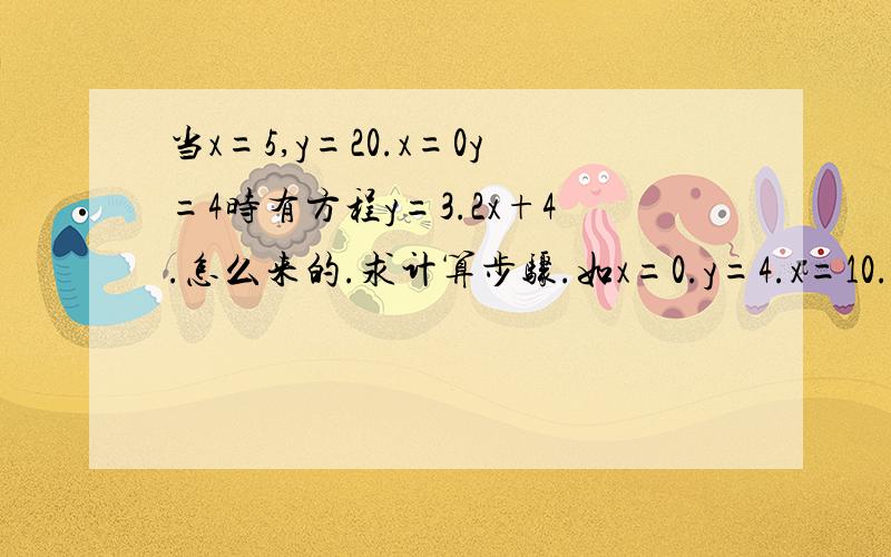 当x=5,y=20.x=0y=4时有方程y=3.2x+4.怎么来的.求计算步骤.如x=0.y=4.x=10.y=20.时的方程?