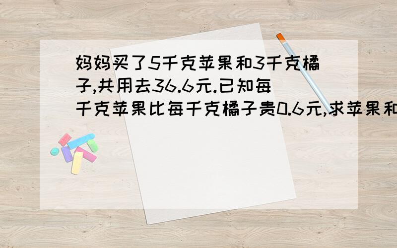 妈妈买了5千克苹果和3千克橘子,共用去36.6元.已知每千克苹果比每千克橘子贵0.6元,求苹果和句子的单价替换法