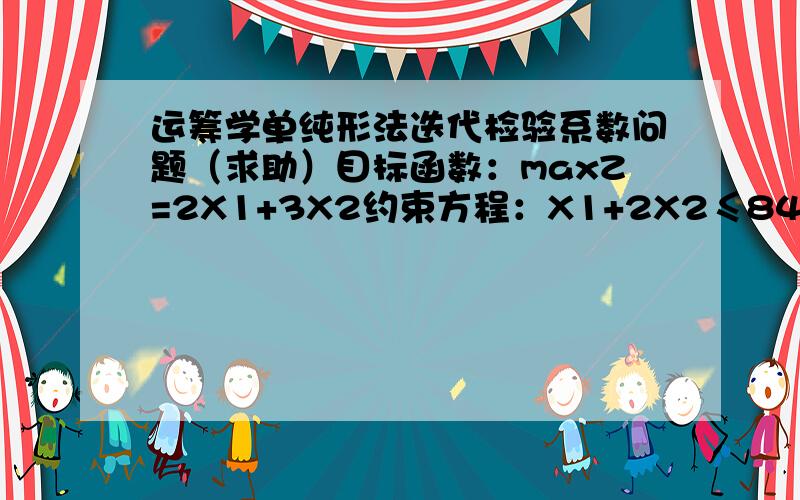 运筹学单纯形法迭代检验系数问题（求助）目标函数：maxZ=2X1+3X2约束方程：X1+2X2≤84X1≤164X2≤12X1,X2≥0变为标准型：maxZ=2X1+3X2+0X3+0X4+0X5(加入松弛变量X3,X4,X5)X1+2X2+X3 =8约束方程 4X1 +X4 =164X2 +X5 =1