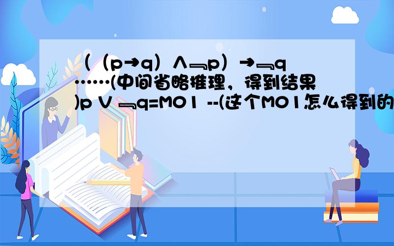 （（p→q）∧﹃p）→﹃q ……(中间省略推理，得到结果)p V ﹃q=M01 --(这个M01怎么得到的？)m00 V m10 V m11 =Σ(0,2,3) --(这一步是怎么出来的？)我是自学离散的，这些东西是从一个例题上摘抄的。果