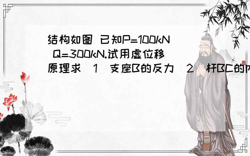 结构如图 已知P=100kN Q=300kN.试用虚位移原理求(1)支座B的反力(2)杆BC的内力