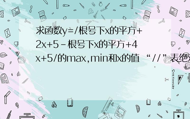 求函数y=/根号下x的平方+2x+5-根号下x的平方+4x+5/的max,min和x的值 “//”表绝对值