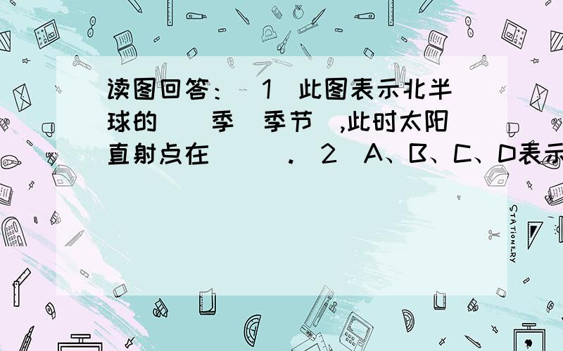 读图回答：（1）此图表示北半球的＿＿季（季节）,此时太阳直射点在＿＿＿.(2)A、B、C、D表示气压带A是＿＿＿带 B是＿＿＿带 C是＿＿＿带 D是＿＿＿带（3）E、F表示气压带E是＿＿＿带 F是