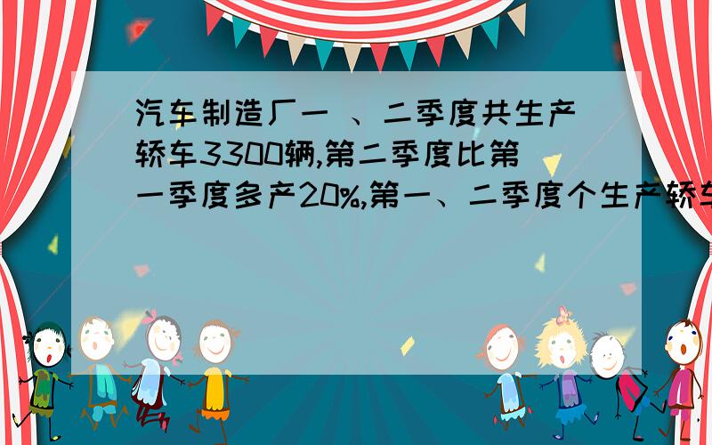 汽车制造厂一 、二季度共生产轿车3300辆,第二季度比第一季度多产20%,第一、二季度个生产轿车多少辆?