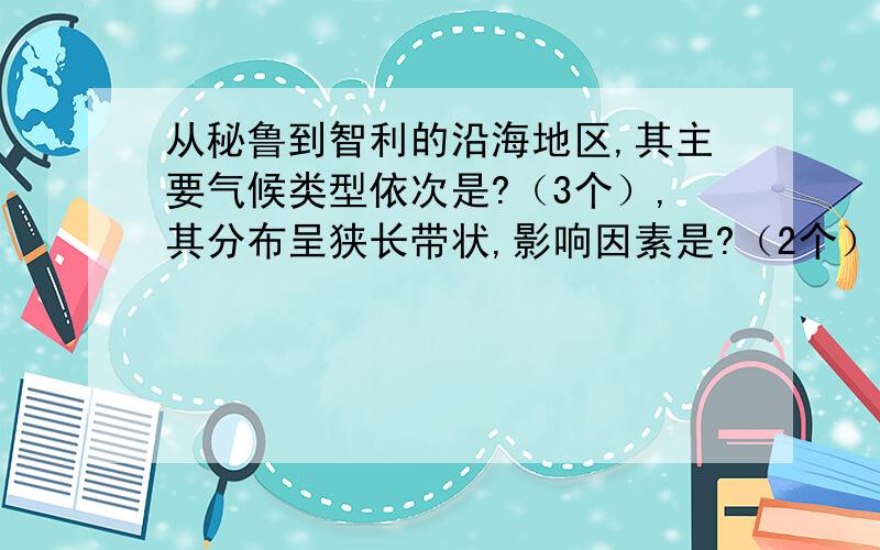 从秘鲁到智利的沿海地区,其主要气候类型依次是?（3个）,其分布呈狭长带状,影响因素是?（2个）2题：当洛阳日出一年中最晚那天,正午太阳高度的分布变化规律?当此时北京时间12点时,全球太