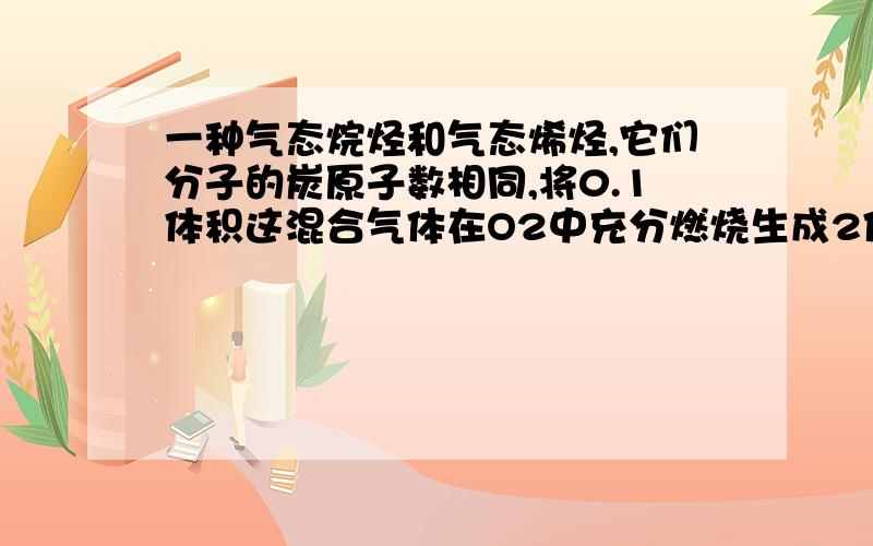 一种气态烷烃和气态烯烃,它们分子的炭原子数相同,将0.1体积这混合气体在O2中充分燃烧生成2体积的CO2和2.4体积的水蒸气.则混合气体中烷烃和烯烃的体积比