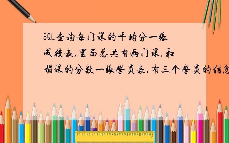 SQL查询每门课的平均分一张成绩表,里面总共有两门课,和媚课的分数一张学员表,有三个学员的信息,每个学员对应两门课,所以成绩表中有3个不同的ID对应6个分数...现在要查每门课的平均分是