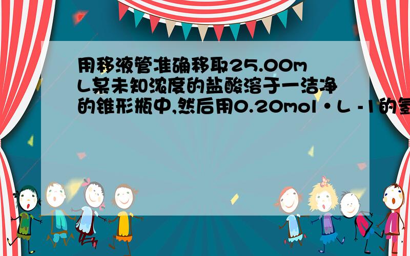 用移液管准确移取25.00mL某未知浓度的盐酸溶于一洁净的锥形瓶中,然后用0.20mol•L -1的氢氧化钠溶液(指示剂为酚酞).滴定结果如下：NaOH起始读数 NaOH终点读数第一次 0.10mL 18.60mL第二次 0.30mL