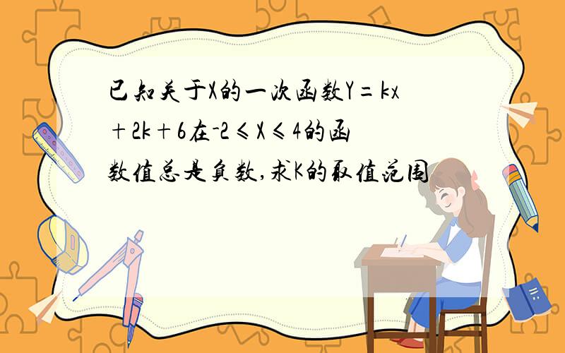 已知关于X的一次函数Y=kx+2k+6在-2≤X≤4的函数值总是负数,求K的取值范围