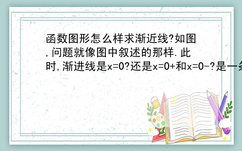 函数图形怎么样求渐近线?如图,问题就像图中叙述的那样.此时,渐进线是x=0?还是x=0+和x=0-?是一条渐近线还是两条?