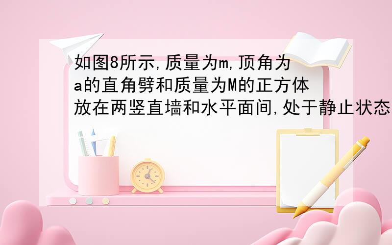 如图8所示,质量为m,顶角为a的直角劈和质量为M的正方体放在两竖直墙和水平面间,处于静止状态.若不计一切摩擦,求（1）水平面对正方体的弹力大小.（2）强面对正方体的弹力大小