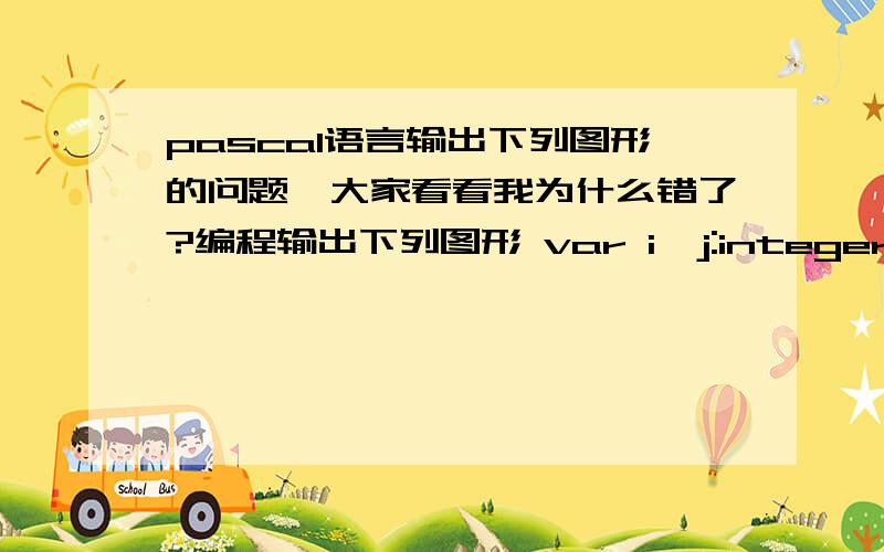 pascal语言输出下列图形的问题,大家看看我为什么错了?编程输出下列图形 var i,j:integer;beginfor i:=1 to 9 dobegin write ('1':40-3*i);for j:=2 to i dobeginwrite (j:3);end;for j:=i-1 downto 1 beginwrite (j:3);end;writeln ;write