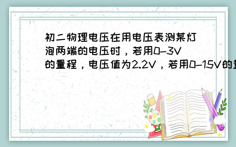 初二物理电压在用电压表测某灯泡两端的电压时，若用0-3V的量程，电压值为2.2V，若用0-15V的量程时，电压为2.0V。，正确电压为多少，为什么，速度求