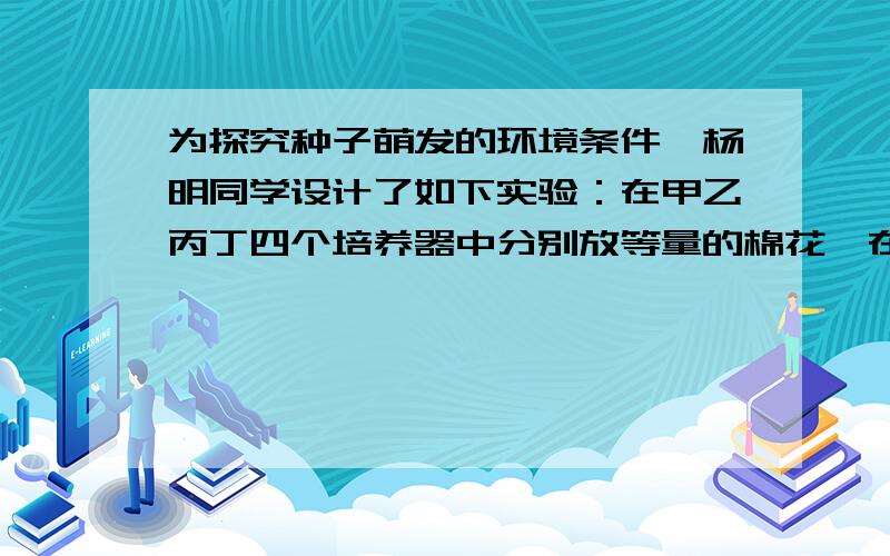 为探究种子萌发的环境条件,杨明同学设计了如下实验：在甲乙丙丁四个培养器中分别放等量的棉花,在棉花的上面都放入25粒豌豆种子.然后将他们放在不同条件下进行培养.数日后记录种子的