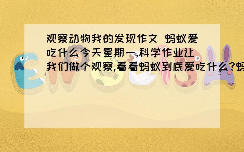 观察动物我的发现作文 蚂蚁爱吃什么今天星期一,科学作业让我们做个观察,看看蚂蚁到底爱吃什么?蚂蚁是我很熟悉的昆虫,可是,它到底爱吃什么,于是我就做个实验,来看看它喜欢什么样的食