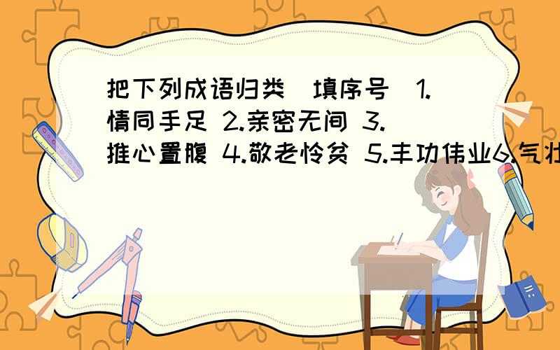 把下列成语归类(填序号)1.情同手足 2.亲密无间 3.推心置腹 4.敬老怜贫 5.丰功伟业6.气壮山河 7.死而后已 8.昂首挺胸 9.壮烈豪迈 10.体贴入微11.宁死不屈 12.深情厚谊1.描写人间真情的有:2.说明人