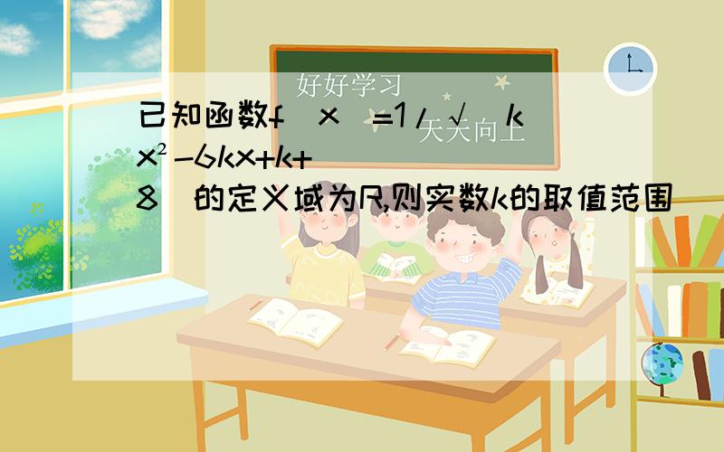 已知函数f(x)=1/√(kx²-6kx+k+8)的定义域为R,则实数k的取值范围