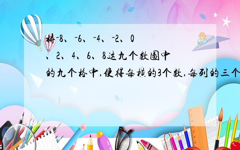 将-8、-6、-4、-2、0、2、4、6、8这九个数图中的九个格中,使得每横的3个数,每列的三个数,斜对角的三个数相加均为0.人们往往赋予一些花木以某种象征意义,请写出几种说法.