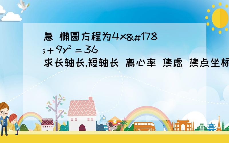 急 椭圆方程为4x²＋9y²＝36 求长轴长,短轴长 离心率 焦虑 焦点坐标