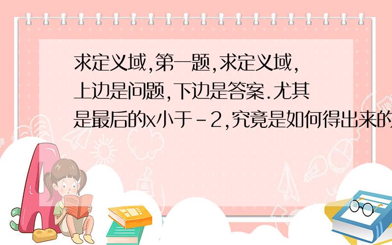 求定义域,第一题,求定义域,上边是问题,下边是答案.尤其是最后的x小于-2,究竟是如何得出来的?第二个问题,该式子下如何算出红圈里的那两个幂.希望也有解答思路. 这两个问题的过程几乎都